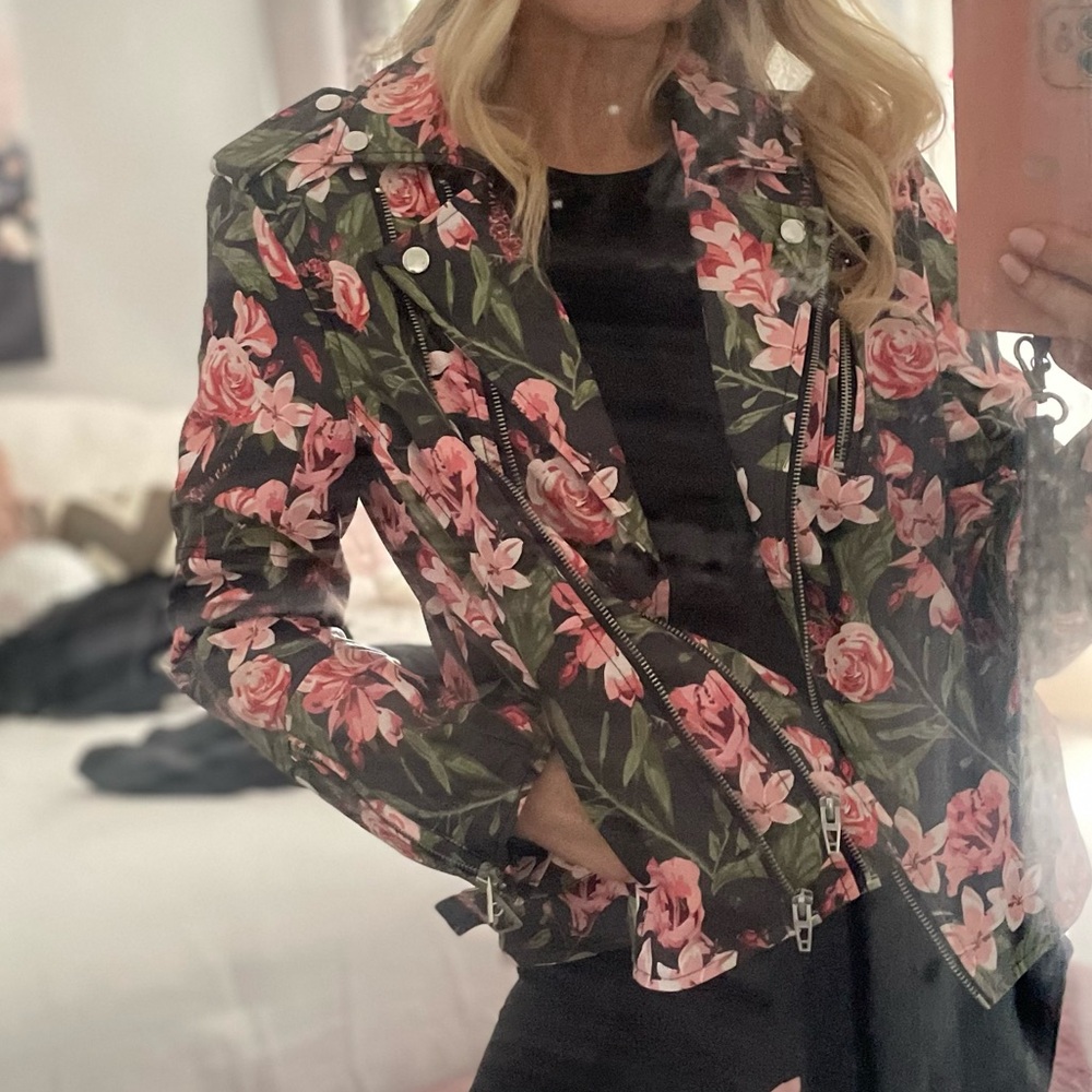 Colleen Lopez Romantic Floral Faux Leather Biker Jacket